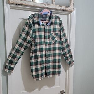 Bogari Flannel Shirt Mens XL Button Up Long Sleeve Green Plaid GorpCore, Cozy
